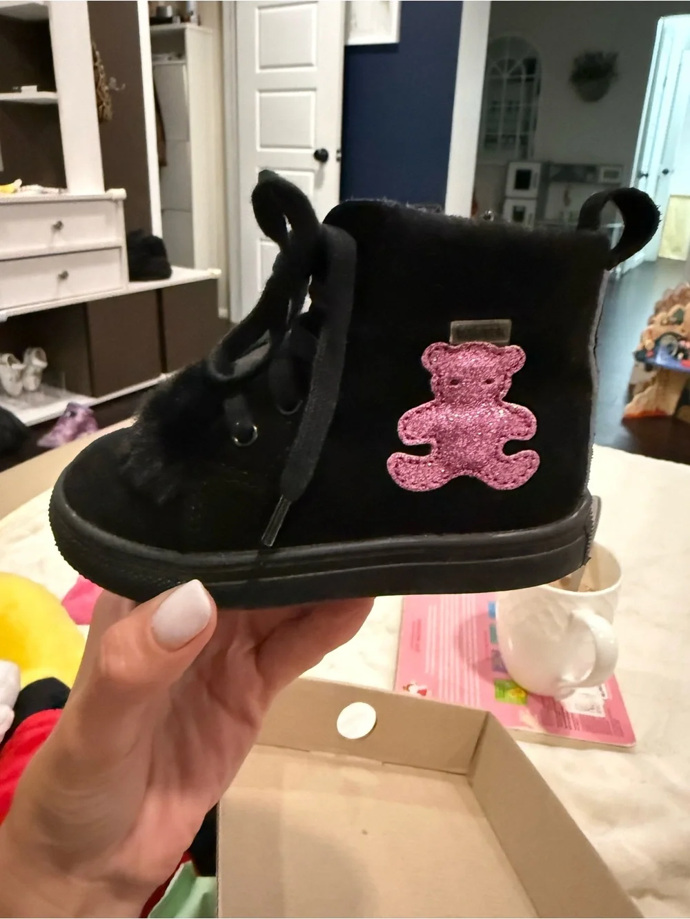 Bartek Kids Black Ankle Boots with Pink Bear Accent